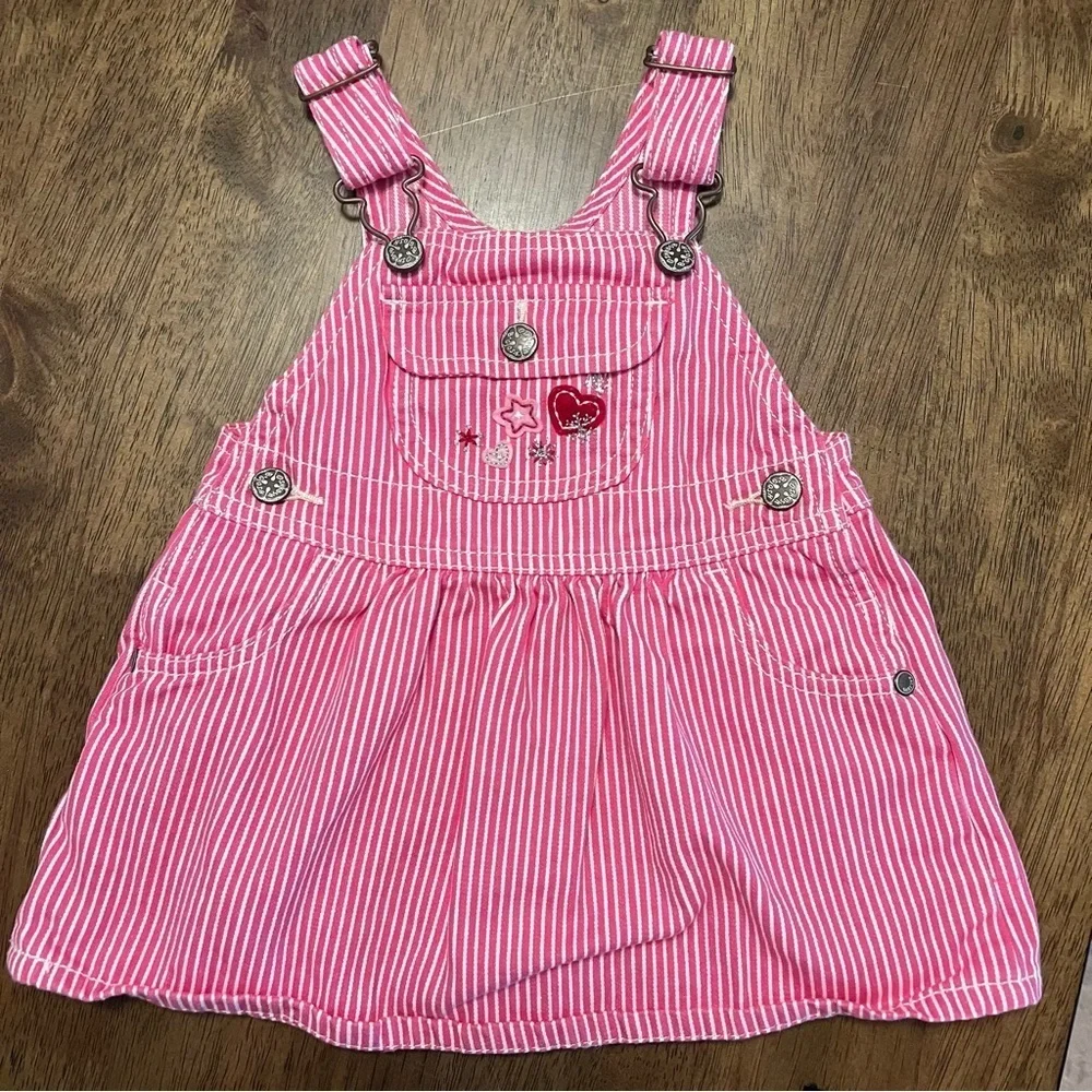 OshKosh B’gosh Pink Striped Baby Overall Dress Embroidered Hearts 9-12 Months